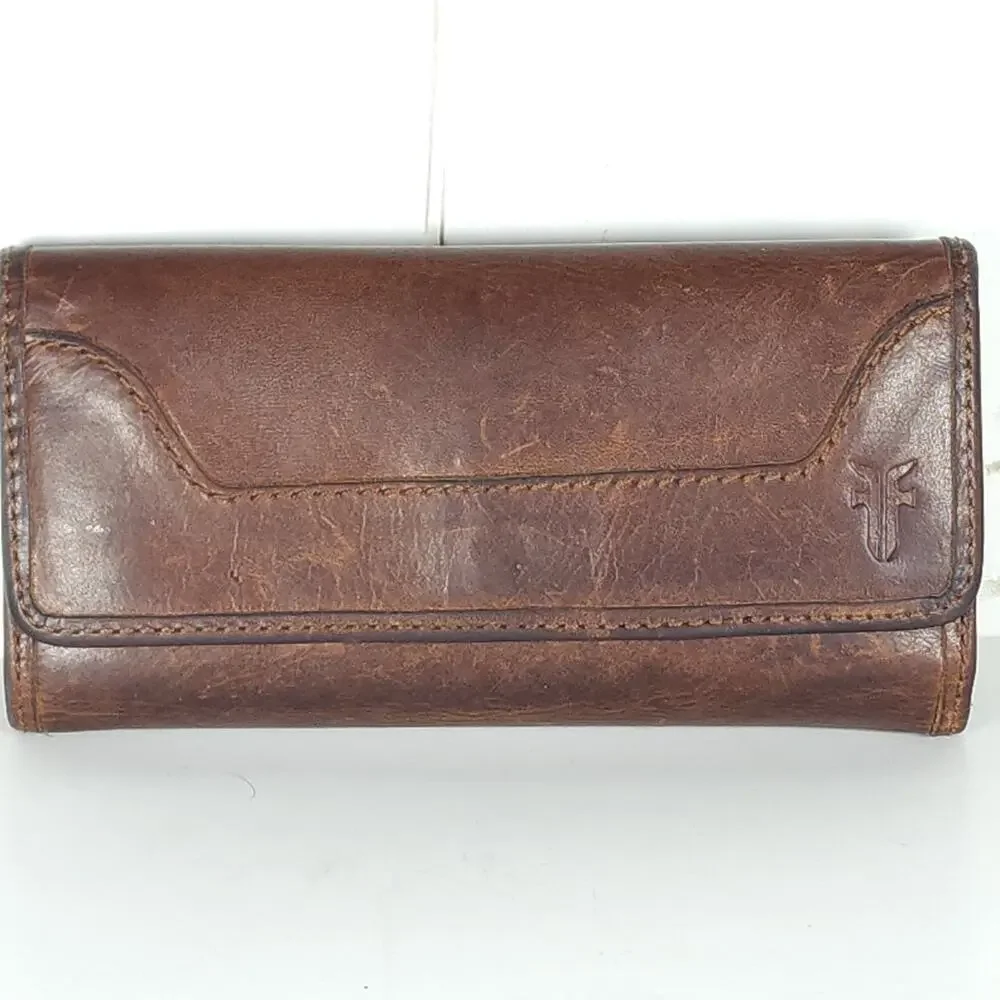 Frye Melissa Continental Cognac Brown Distressed Leather Snap Trifold Wallet - Picture 2 of 13